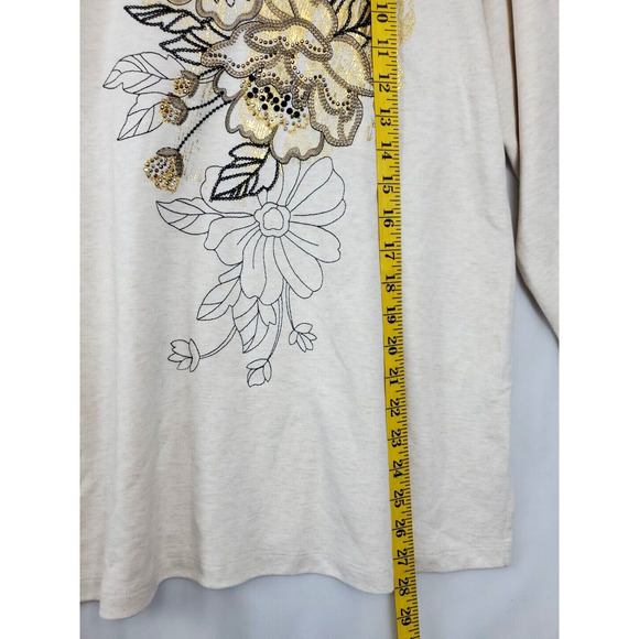 Alfred Dunner Top Gold Embellished Beads Floral Print Women L Stretch Beige - Picture 2 of 8